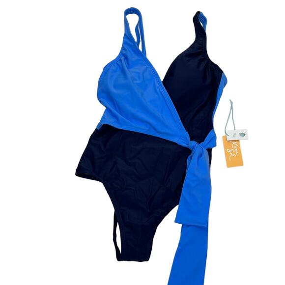 Kona Sol Blue Colorblock Wrap Front One-Piece Swimsuit Medium NWT - Picture 3 of 12